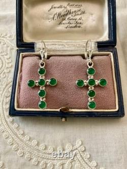 Anciennes Boucles D'oreilles Croix Argent Massif 6 Jades Fleur De Lys