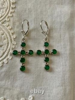 Anciennes Boucles D'oreilles Croix Argent Massif 6 Jades Fleur De Lys