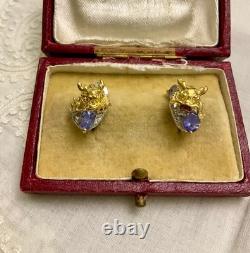 Anciennes Boucles D'oreilles Dragon Or Blanc Argent Massif Tanzanite Rubis