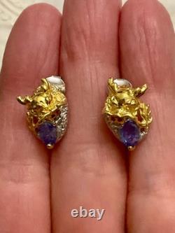 Anciennes Boucles D'oreilles Dragon Or Blanc Argent Massif Tanzanite Rubis