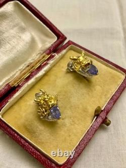 Anciennes Boucles D'oreilles Dragon Or Blanc Argent Massif Tanzanite Rubis