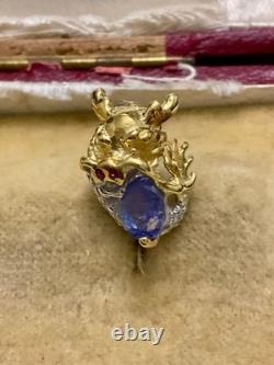 Anciennes Boucles D'oreilles Dragon Or Blanc Argent Massif Tanzanite Rubis