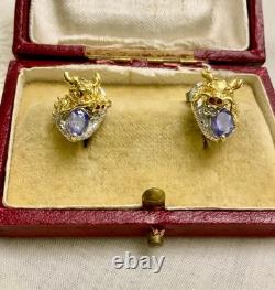 Anciennes Boucles D'oreilles Dragon Or Blanc Argent Massif Tanzanite Rubis