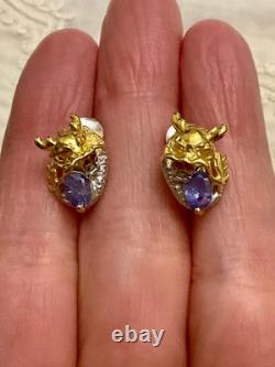 Anciennes Boucles D'oreilles Dragon Or Blanc Argent Massif Tanzanite Rubis