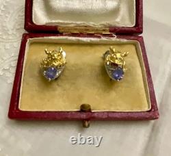Anciennes Boucles D'oreilles Dragon Or Blanc Argent Massif Tanzanite Rubis