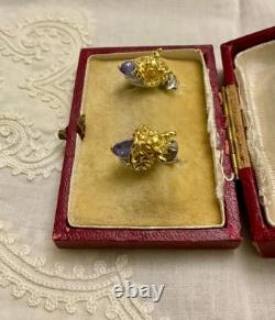 Anciennes Boucles D'oreilles Dragon Or Blanc Argent Massif Tanzanite Rubis