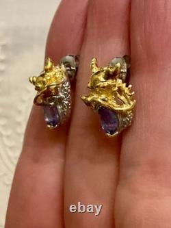 Anciennes Boucles D'oreilles Dragon Or Blanc Argent Massif Tanzanite Rubis