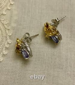Anciennes Boucles D'oreilles Dragon Or Blanc Argent Massif Tanzanite Rubis