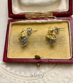 Anciennes Boucles D'oreilles Dragon Or Blanc Argent Massif Tanzanite Rubis