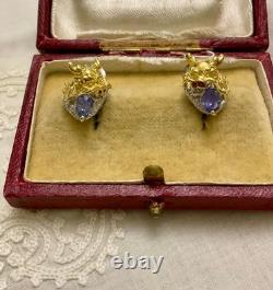 Anciennes Boucles D'oreilles Dragon Or Blanc Argent Massif Tanzanite Rubis