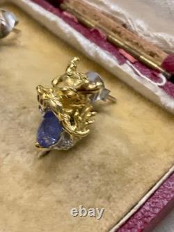 Anciennes Boucles D'oreilles Dragon Or Blanc Argent Massif Tanzanite Rubis