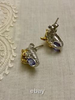 Anciennes Boucles D'oreilles Dragon Or Blanc Argent Massif Tanzanite Rubis