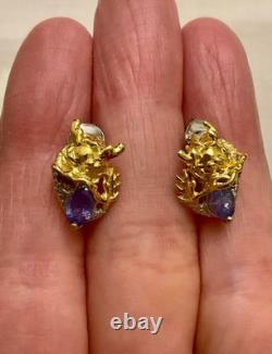 Anciennes Boucles D'oreilles Dragon Or Blanc Argent Massif Tanzanite Rubis