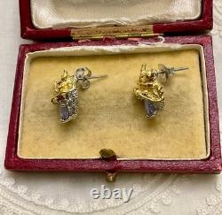 Anciennes Boucles D'oreilles Dragon Or Blanc Argent Massif Tanzanite Rubis