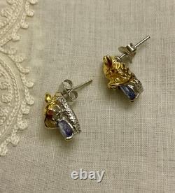 Anciennes Boucles D'oreilles Dragon Or Blanc Argent Massif Tanzanite Rubis