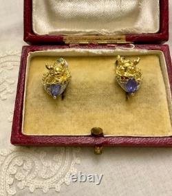 Anciennes Boucles D'oreilles Dragon Or Blanc Argent Massif Tanzanite Rubis