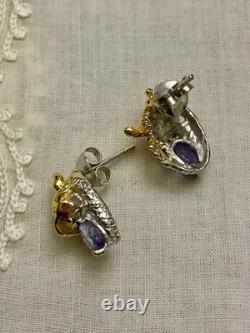 Anciennes Boucles D'oreilles Dragon Or Blanc Argent Massif Tanzanite Rubis