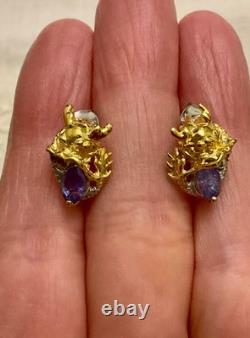 Anciennes Boucles D'oreilles Dragon Or Blanc Argent Massif Tanzanite Rubis