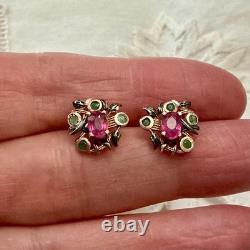 Anciennes Boucles D'oreilles Or Rose /argent Massif Rubis Émeraudes