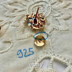 Anciennes Boucles D'oreilles Or Rose /argent Massif Rubis Émeraudes