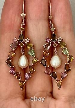 Anciennes Boucles D'oreilles Or Rose /argent Massif Tourmalines Et Perle