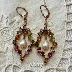 Anciennes Boucles D'oreilles Or Rose /argent Massif Tourmalines Et Perle