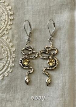 Anciennes Boucles D'oreilles Serpent Argent Massif Citrines Ciselures