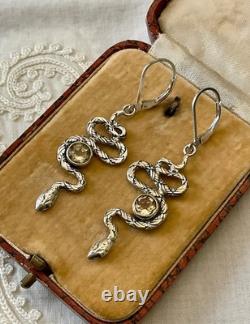 Anciennes Boucles D'oreilles Serpent Argent Massif Citrines Ciselures