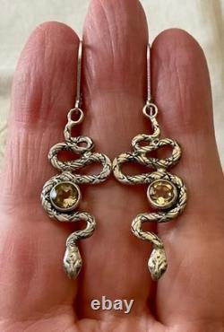 Anciennes Boucles D'oreilles Serpent Argent Massif Citrines Ciselures