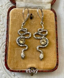 Anciennes Boucles D'oreilles Serpent Argent Massif Citrines Ciselures