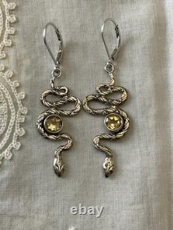 Anciennes Boucles D'oreilles Serpent Argent Massif Citrines Ciselures