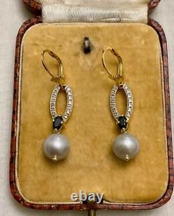 Anciennes Boucles D'oreilles Vermeil Or/argent Massif- Saphir Bleu, Perle Grise