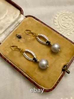 Anciennes Boucles D'oreilles Vermeil Or/argent Massif- Saphir Bleu, Perle Grise