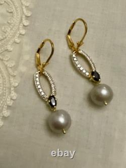 Anciennes Boucles D'oreilles Vermeil Or/argent Massif- Saphir Bleu, Perle Grise