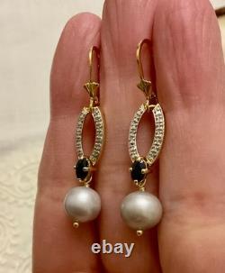 Anciennes Boucles D'oreilles Vermeil Or/argent Massif- Saphir Bleu, Perle Grise