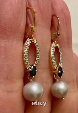 Anciennes Boucles D'oreilles Vermeil Or/argent Massif- Saphir Bleu, Perle Grise