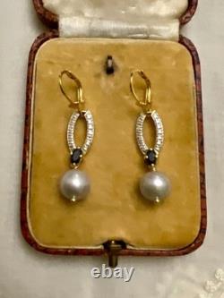 Anciennes Boucles D'oreilles Vermeil Or/argent Massif- Saphir Bleu, Perle Grise