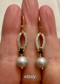 Anciennes Boucles D'oreilles Vermeil Or/argent Massif- Saphir Bleu, Perle Grise