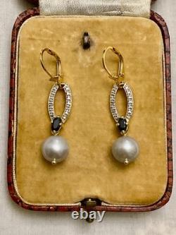Anciennes Boucles D'oreilles Vermeil Or/argent Massif- Saphir Bleu, Perle Grise