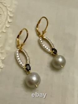 Anciennes Boucles D'oreilles Vermeil Or/argent Massif- Saphir Bleu, Perle Grise