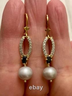 Anciennes Boucles D'oreilles Vermeil Or/argent Massif- Saphir Bleu, Perle Grise