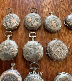 Argent massif et décoration or. 23 Boitiers de montres anciennes. Total 236 gr