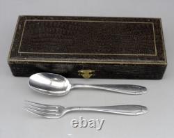 Art déco ancien Couvert d'enfant en argent massif poinçon minerve avec coffret