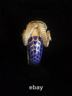 Bague Ancienne/Vintage Imposante Tête De Bélier -Argent Et Émail'Bleu Égyptien