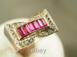 Bague Tank Ancienne Argent Massif Rubis Antique Art Deco Ring T52