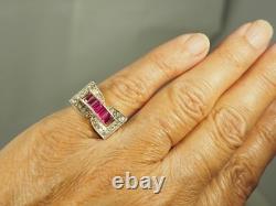Bague Tank Ancienne Argent Massif Rubis Antique Art Deco Ring T52