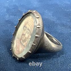 Bague ancienne argent portrait miniature style Persan sur substrat naturel os