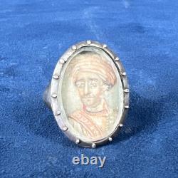 Bague ancienne argent portrait miniature style Persan sur substrat naturel os