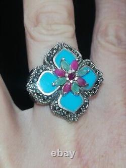 Bague ancienne marcassites, turquoise, rubis, émeraude, silver Ring 925 Créateur