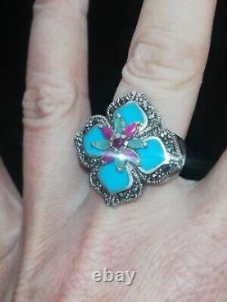 Bague ancienne marcassites, turquoise, rubis, émeraude, silver Ring 925 Créateur